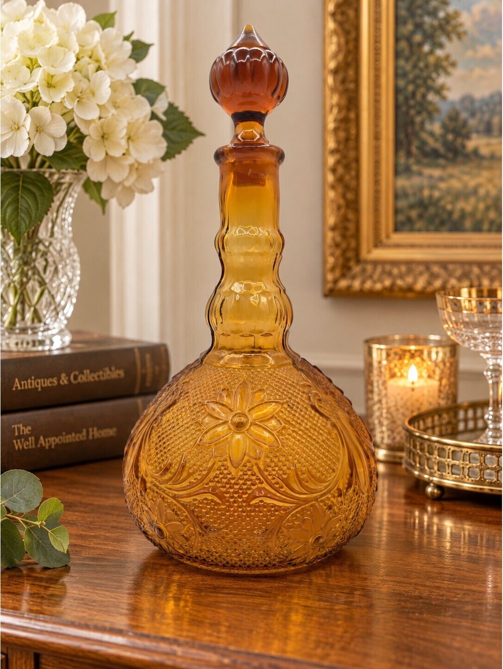 Vintage Tiara Indiana Glass Amber Sandwich Decanter w/ Stopper Floral Daisy
